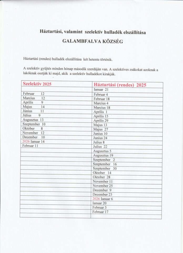 Tájékoztatás a szemétszállítás időpontjáról - 2025