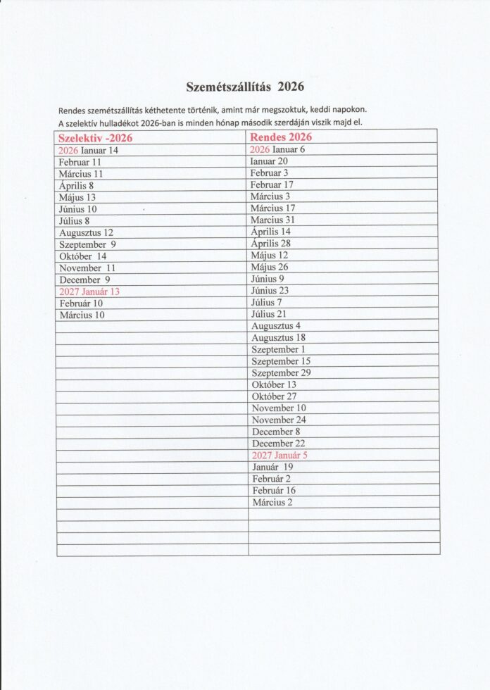 Tájékoztatás a szemétszállítás időpontjáról (2026) Tájékoztatás a szemétszállítás időpontjáról (2026)
